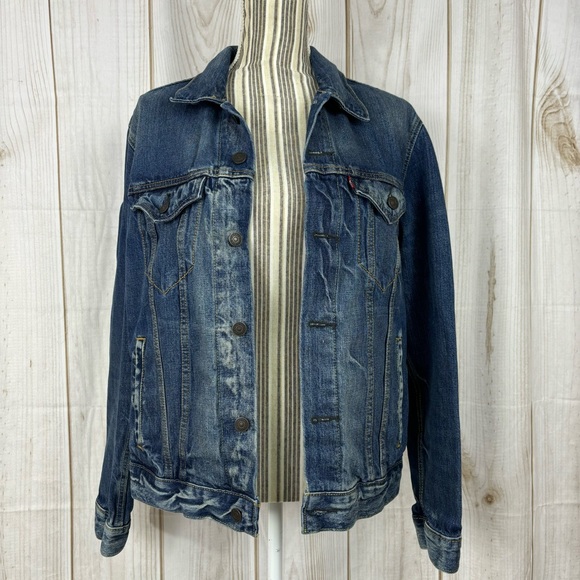 Levi’s Denim Jacket Western Distressed Unisex Trucker Jacket Blue Size Medium - Picture 3 of 11